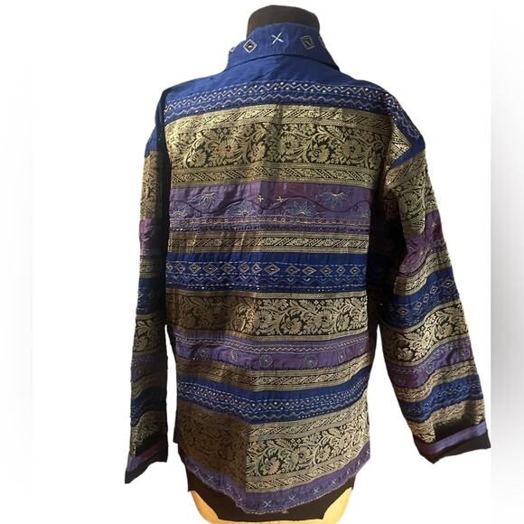 Vtg 90s Chicos Silk Artsy Boho Metallic Striped Glam Button Eclectic Jacket M - Picture 4 of 7